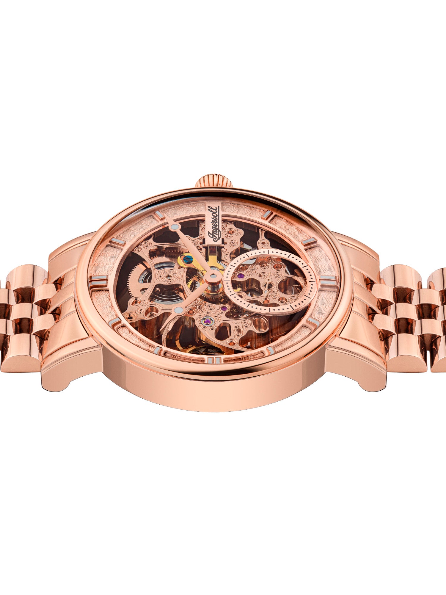 Ingersoll Armbanduhr mit skelettiertem roségoldenem Zifferblatt, roségoldenem Gehäuse und roségoldenem Edelstahlband Zusatzbild