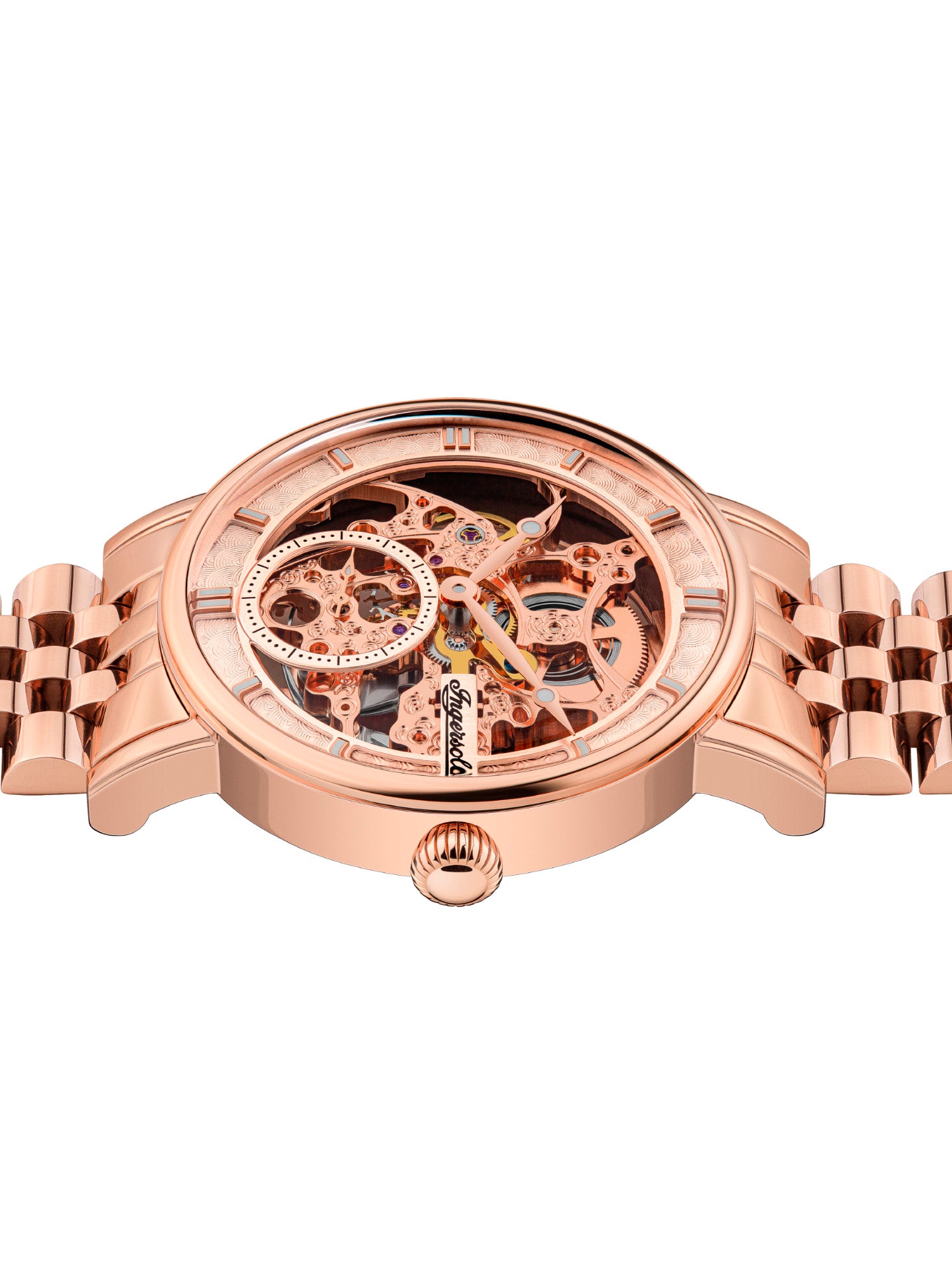 Ingersoll Armbanduhr mit skelettiertem roségoldenem Zifferblatt, roségoldenem Gehäuse und roségoldenem Edelstahlband Zusatzbild