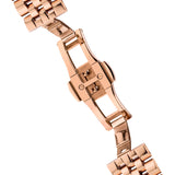 Ingersoll Armbanduhr mit skelettiertem roségoldenem Zifferblatt, roségoldenem Gehäuse und roségoldenem Edelstahlband; Bild vom Verschluss