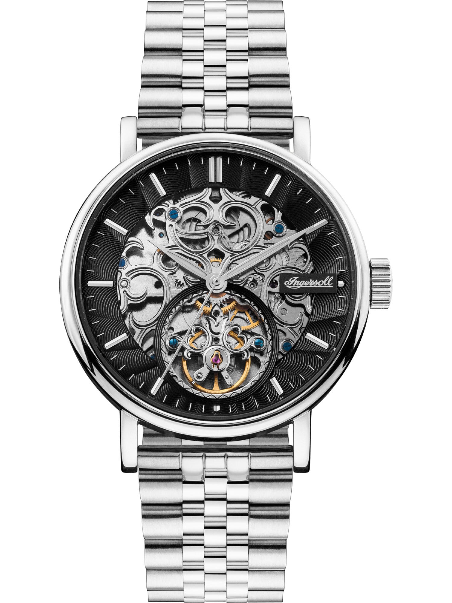 Ingersoll Armbanduhr; skelettierte Uhr in der Farbe silber mit Edelstahlband Produktbild