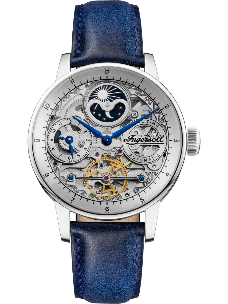 Ingersoll Armbanduhr mit skelettiertem Ziffernblatt in der Farbe silber und blauem Lederband Produktbild