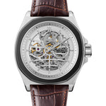 Ingersoll Armbanduhr mit skelettiertem silbernem Zifferblatt, silbernem Gehäuse mit schwarzem Topring und braunem Lederband Produktbild