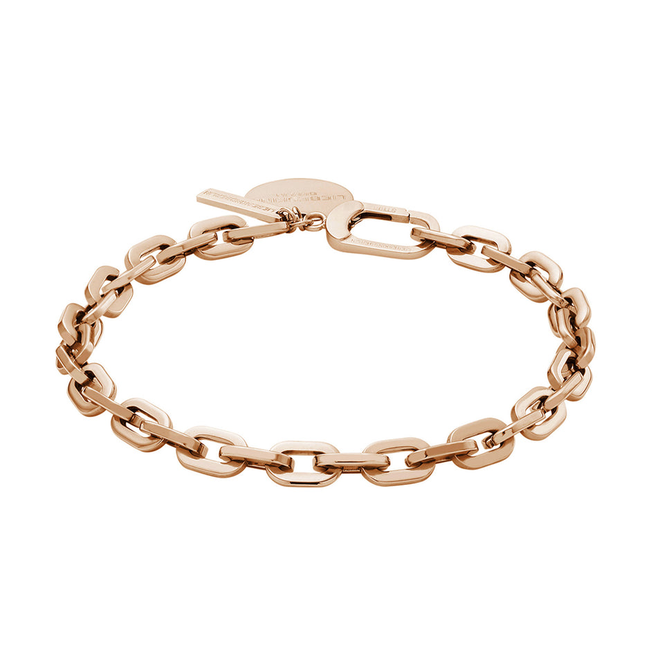 Liebeskind Berlin Armband bestehend aus einer groben, roségoldenen Gliederkette und zwei roségoldenen Anhängern; Produktbild