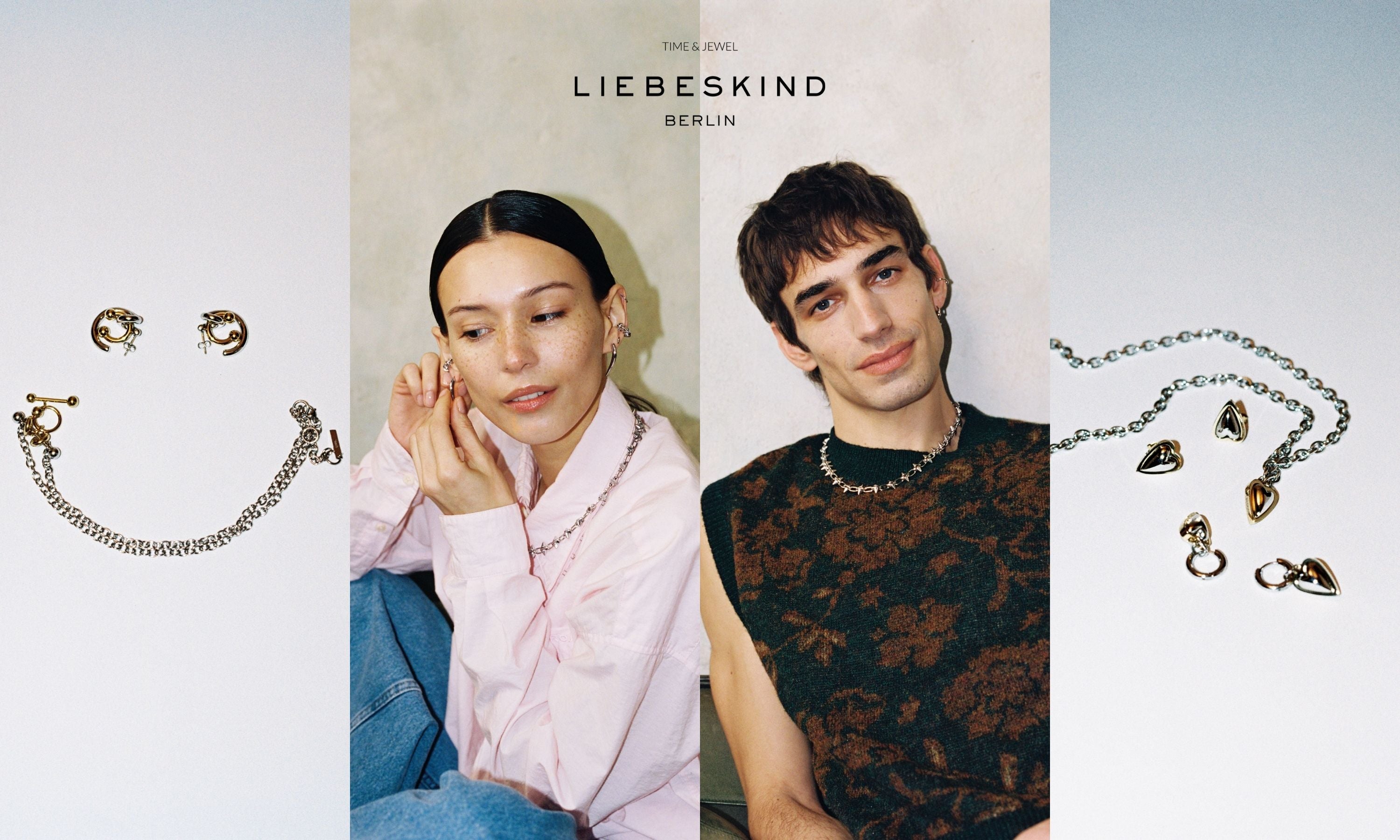 Banner mit LIEBESKIND BERLIN Schmuck: silberfarbene Kette mit Spike-Elementen in Herzform gelegt, kombiniert mit Model im Blazer mit Ringen und Ohrringen – moderner, urbaner Statement-Look.