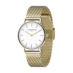 Liebeskind Berlin Armbanduhr mit goldenen Indizes, goldenem Gehäuse und goldenem Meshband; Produktbild