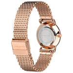 Liebeskind Berlin Armbanduhr mit roségoldenen Indizes, roségoldenem Gehäuse und roségoldenem Meshband; Rückansicht