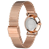 Liebeskind Berlin Armbanduhr mit roségoldenen Indizes, roségoldenem Gehäuse und roségoldenem Meshband; Rückansicht