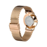 Liebeskind Berlin Armbanduhr mit schwarzem Zifferblatt, roségoldenen Indizes, roségoldenem Gehäuse und roségoldenem Meshband; Rückansicht