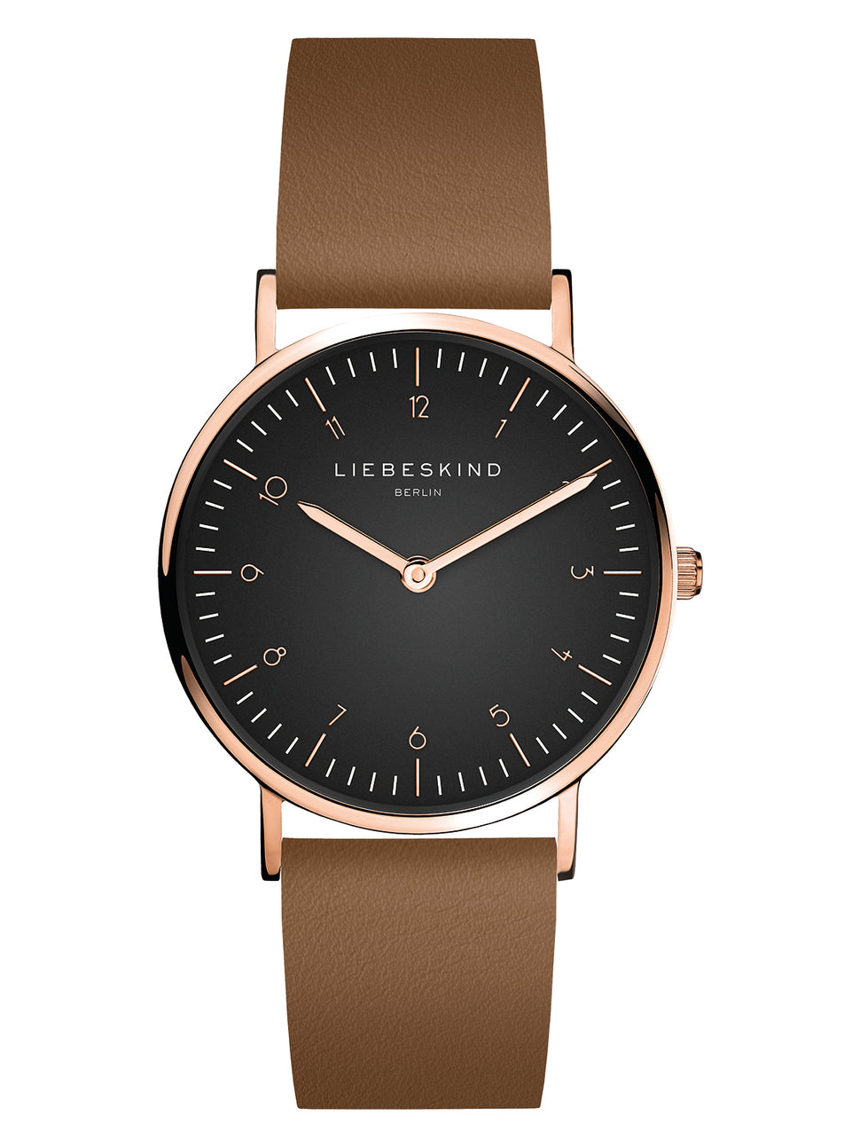 Liebeskind Berlin Armbanduhr im minimalistischen, skandinavischen Design mit schwarzem Zifferblatt, roségoldenem Gehäuse und braunem Lederband; Zusatzbild