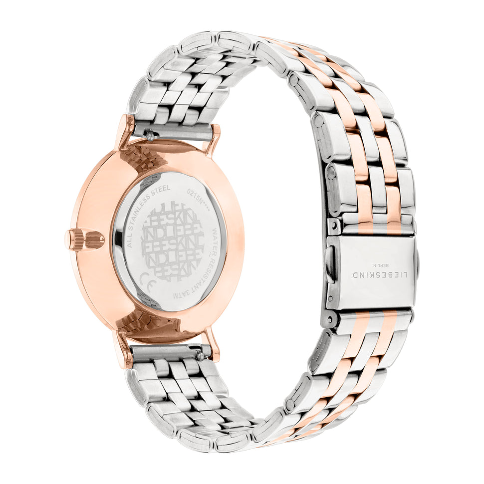 Liebeskind Berlin Armbanduhr mit Datumsanzeige, roségoldenem Gehäuse und silber-roségoldenem Edelstahlband; Rückansicht