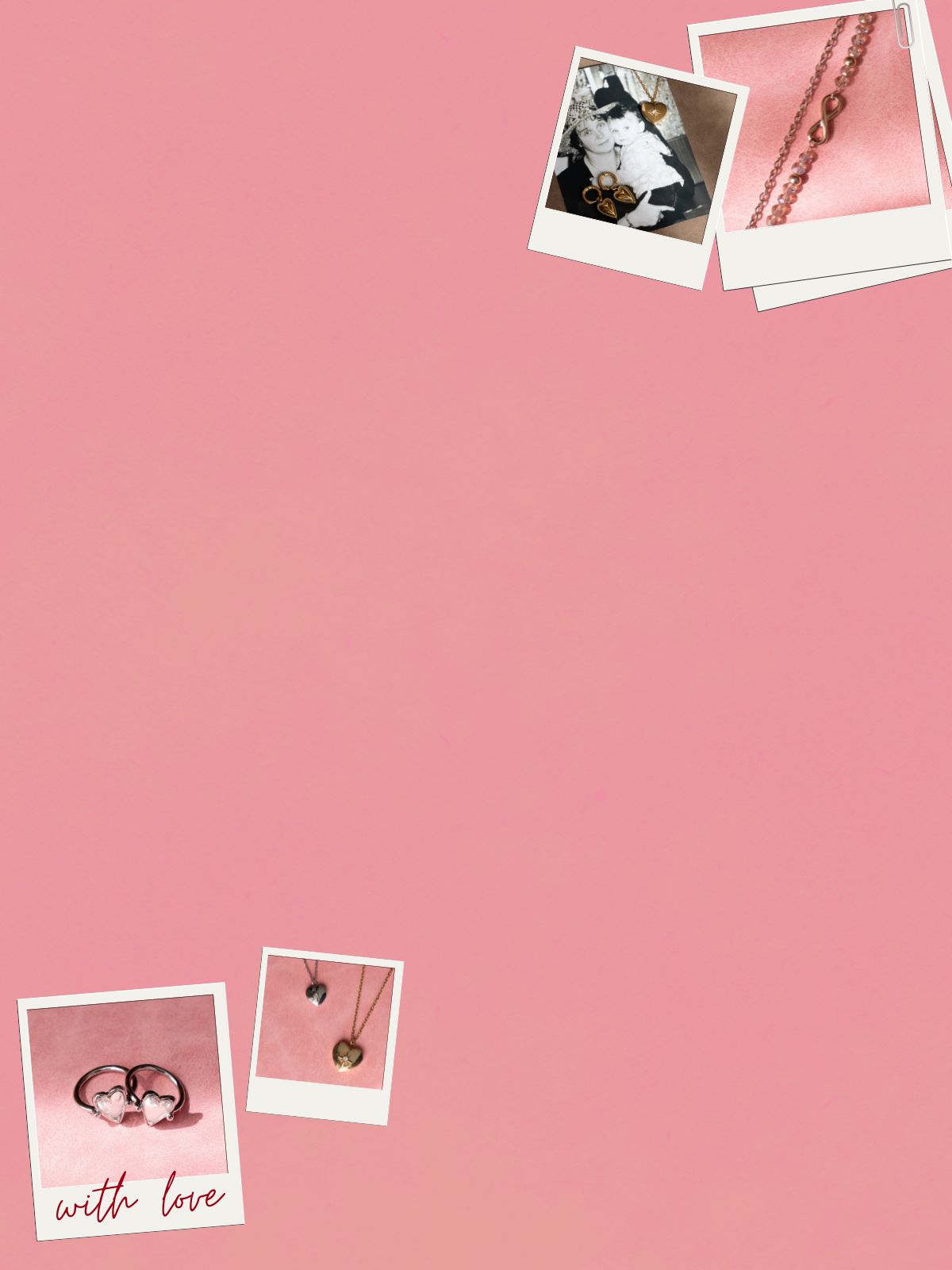 Schmuck Geschenkideen zum Muttertag – Herzringe und Halsketten auf rosa Hintergrund mit Polaroid-Design