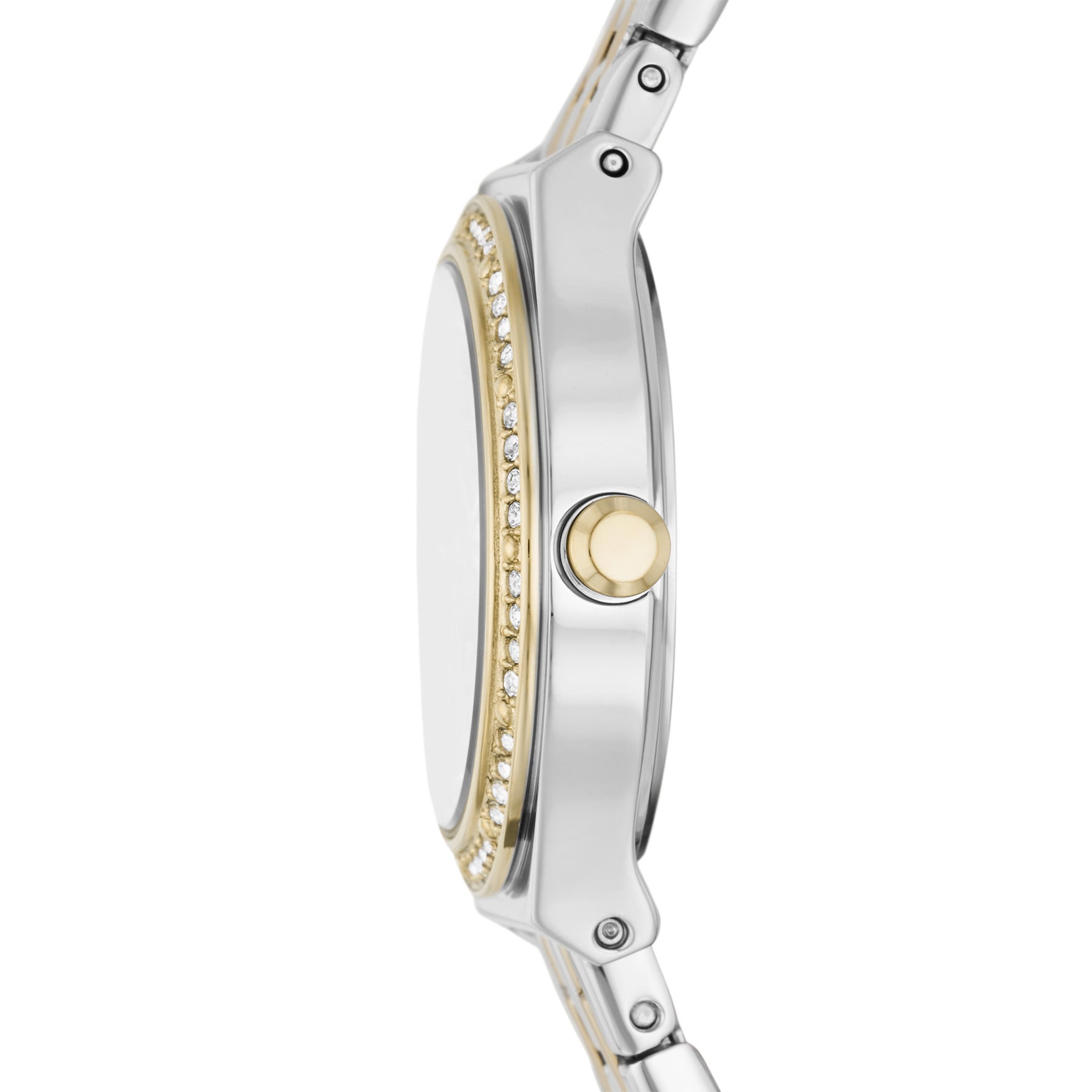 DKNY Armbanduhr mit schwarzem Zifferblatt, silbernem Gehäuse mit steinbesetztem goldenem Topring und gold-silbernem Edelstahlband; Seitenansicht