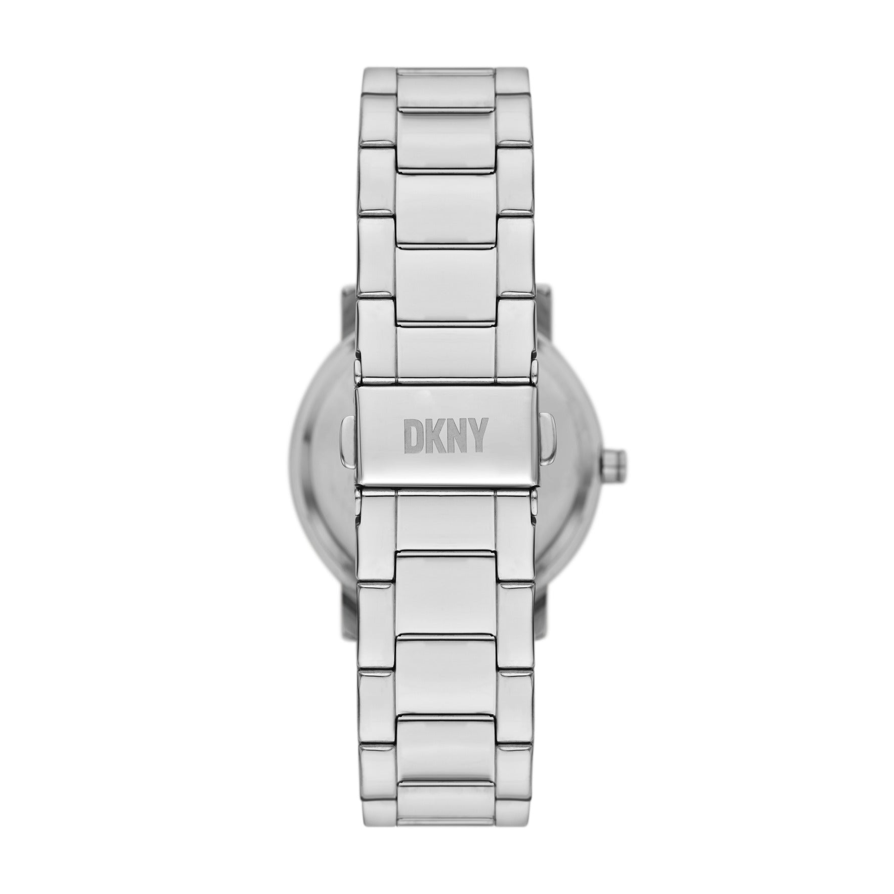 DKNY Armbanduhr mit silbernem Zifferblatt mit großem, glitzerndem Logoschriftzug, silbernem Gehäuse und silbernem Edelstahlband; Rückansicht