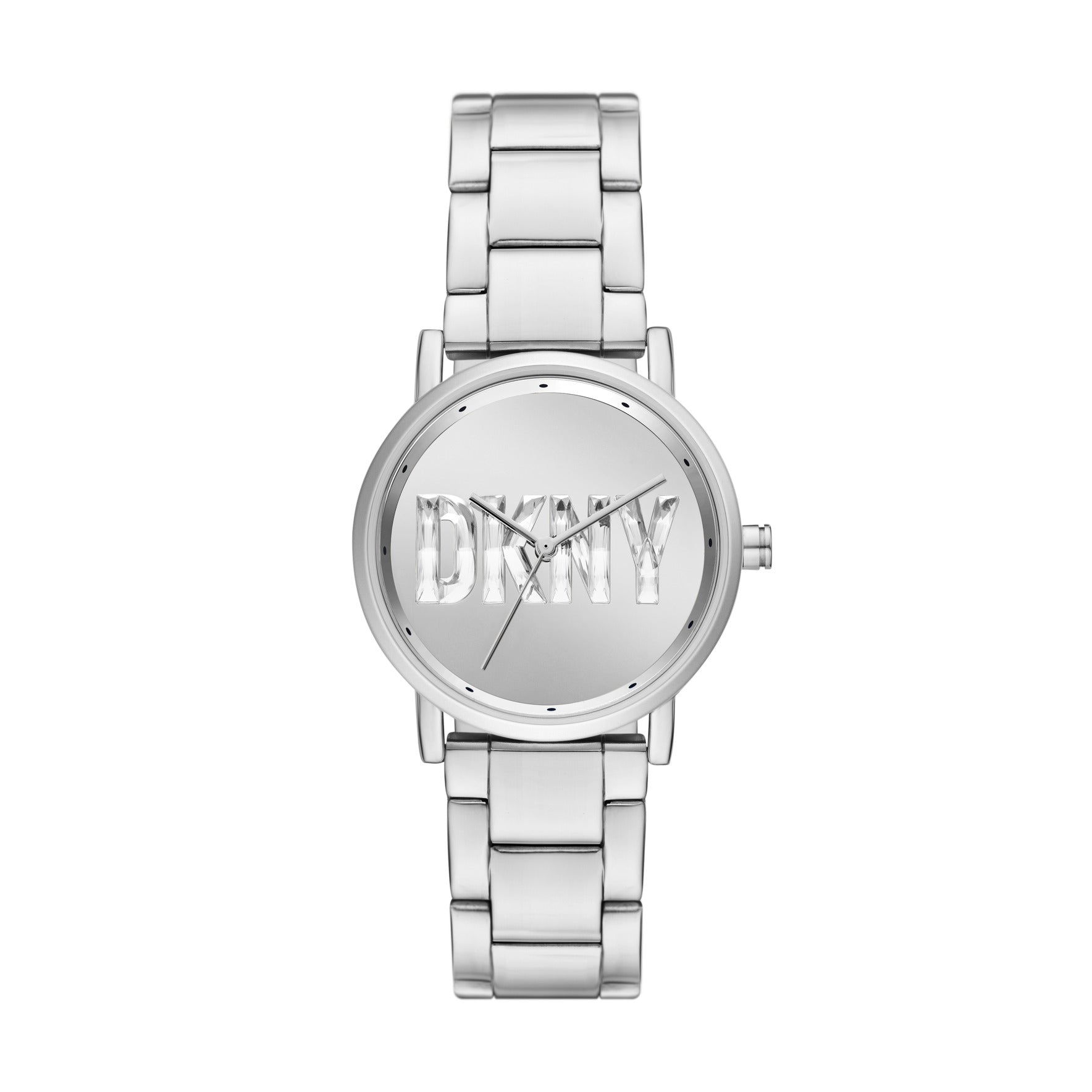 DKNY Armbanduhr mit silbernem Zifferblatt mit großem, glitzerndem Logoschriftzug, silbernem Gehäuse und silbernem Edelstahlband; Produktbild