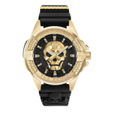 Philipp Plein Armbanduhr mit schwarzem Zifferblatt mit goldenem Totenkopfdesign und goldenen Akzenten, goldenem Gehäuse und schwarzem Silikonband Produktbild