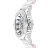 Philipp Plein Armbanduhr mit weißem Zifferblatt mit Totenkopfdesign aus schwarzen Glassteinen und blauen Akzenten, weißem Gehäuse mit Topring und weißem Edelstahlband Seitenansicht