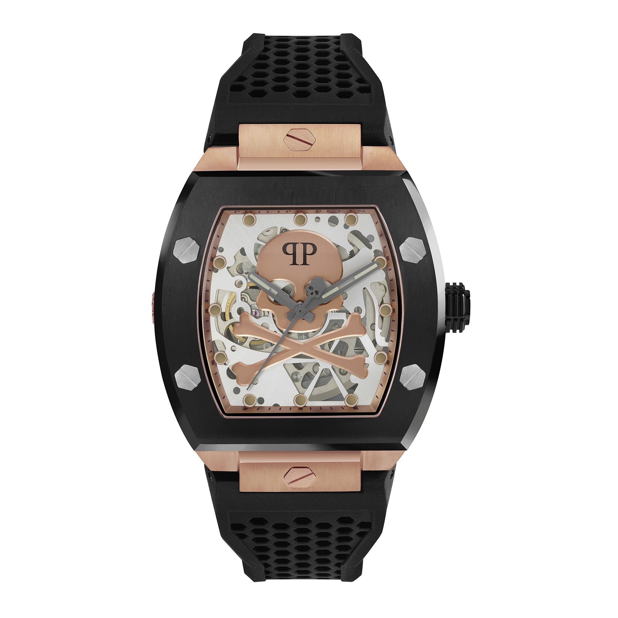 Philipp Plein Armbanduhr im Tonneau Shape mit teilskelettiertem silbernem Zifferblatt mit roségoldenem Totenkopf- und Knochenmotiv, schwarzem Gehäuse mit roségoldenen Akzenten und schwarzem Edelstahlband Produktbild