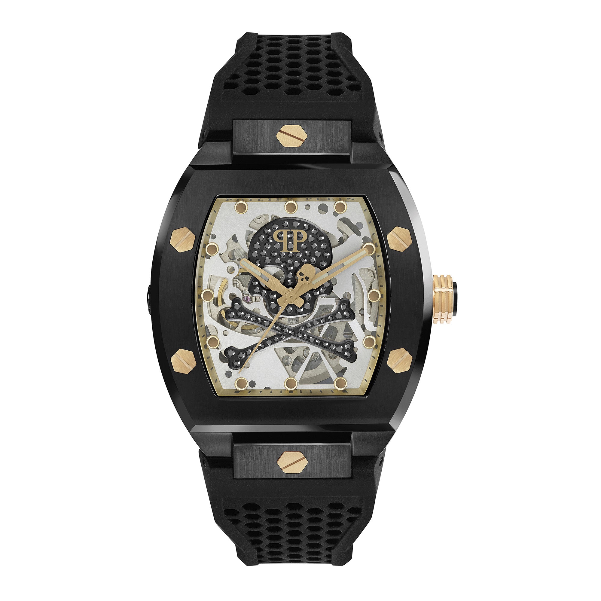 Philipp Plein Armbanduhr im Tonneau Shape mit teilskelettiertem silbernem Zifferblatt mit schwarzem glassteinbesetztem Totenkopf- und Knochenmotiv und goldenen Akzenten, schwarzem Gehäuse mit goldenen Akzenten und schwarzem Edelstahlband Produktbild