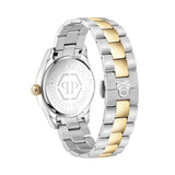 Philipp Plein Armbanduhr mit weißem Zifferblatt mit hexagonalem Muster und funkelnden sowie goldenen Akzenten, silbernem Gehäuse mit einem goldverziertem Topring und zweifarbigem Edelstahlband in Gold und Silber Rückansicht