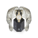 Philipp Plein Armbanduhr mit weißem Zifferblatt mit hexagonalem Muster und funkelnden sowie goldenen Akzenten, silbernem Gehäuse mit einem goldverziertem Topring und zweifarbigem Edelstahlband in Gold und Silber Zusatzbild
