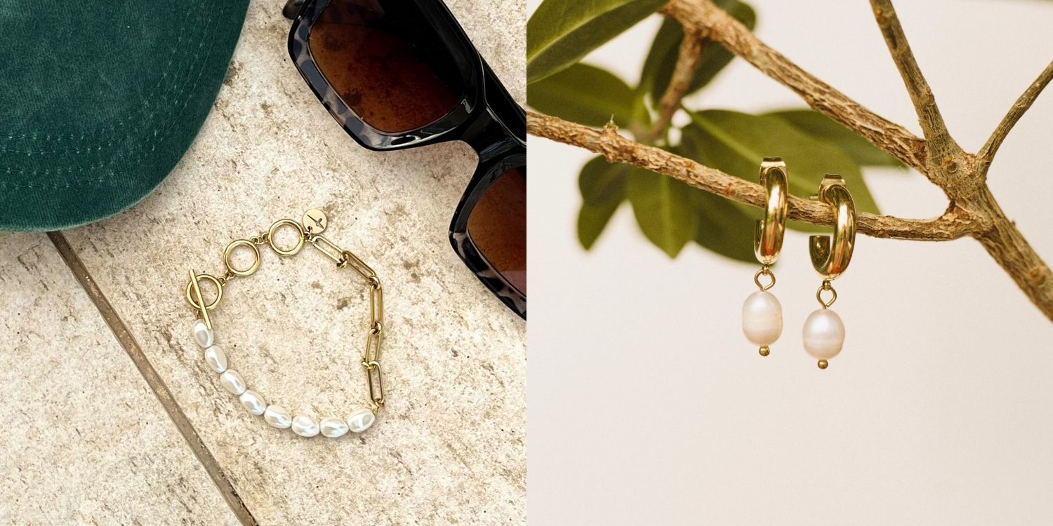 Sommerlicher Schmuck mit Perlenarmband und goldfarbenen Perlenohrringen – elegante Accessoires für leichte Summer Styles.