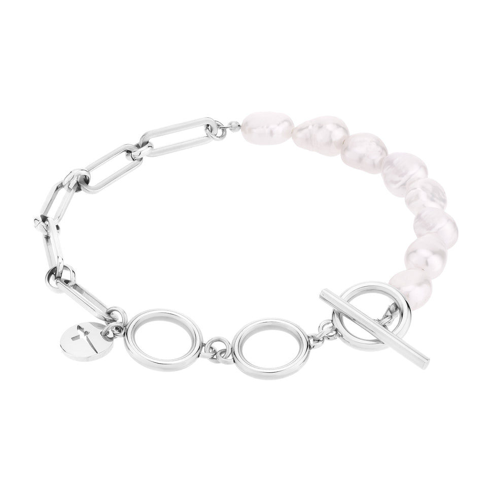 Tamaris Armband bestehend aus einer silbernen, groben Gliederkette, Freshwater Pearls und T-Bar-Verschluss; Produktbild