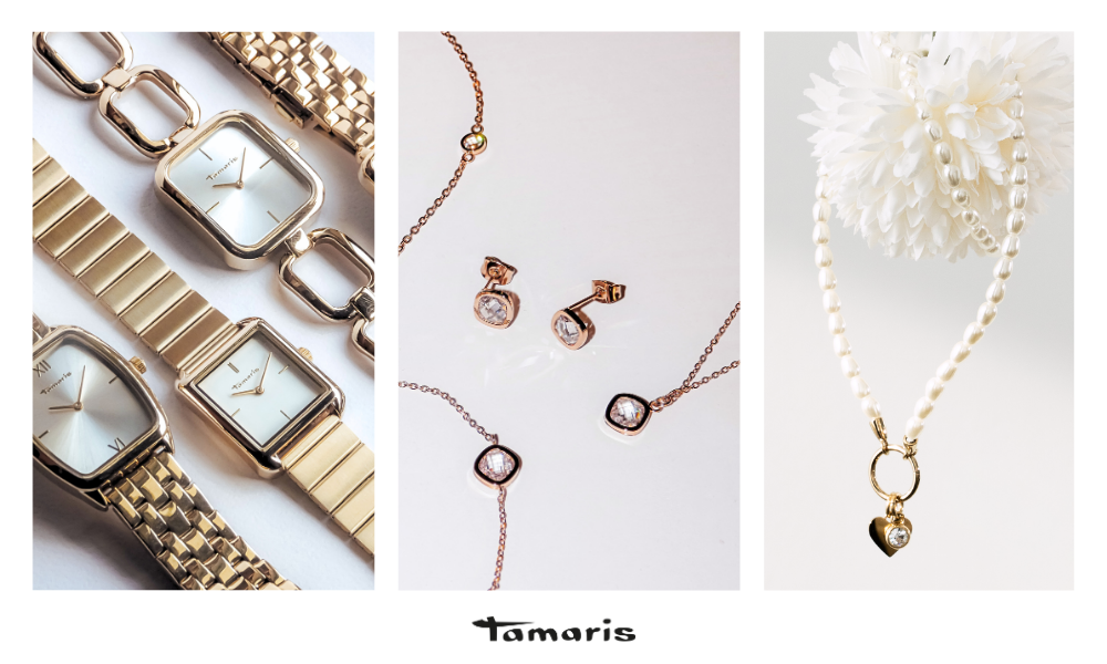 Tamaris Schmuck und Uhren Kollektion – goldene Damenuhren, roségoldene Halsketten und Perlenkette im eleganten Design.