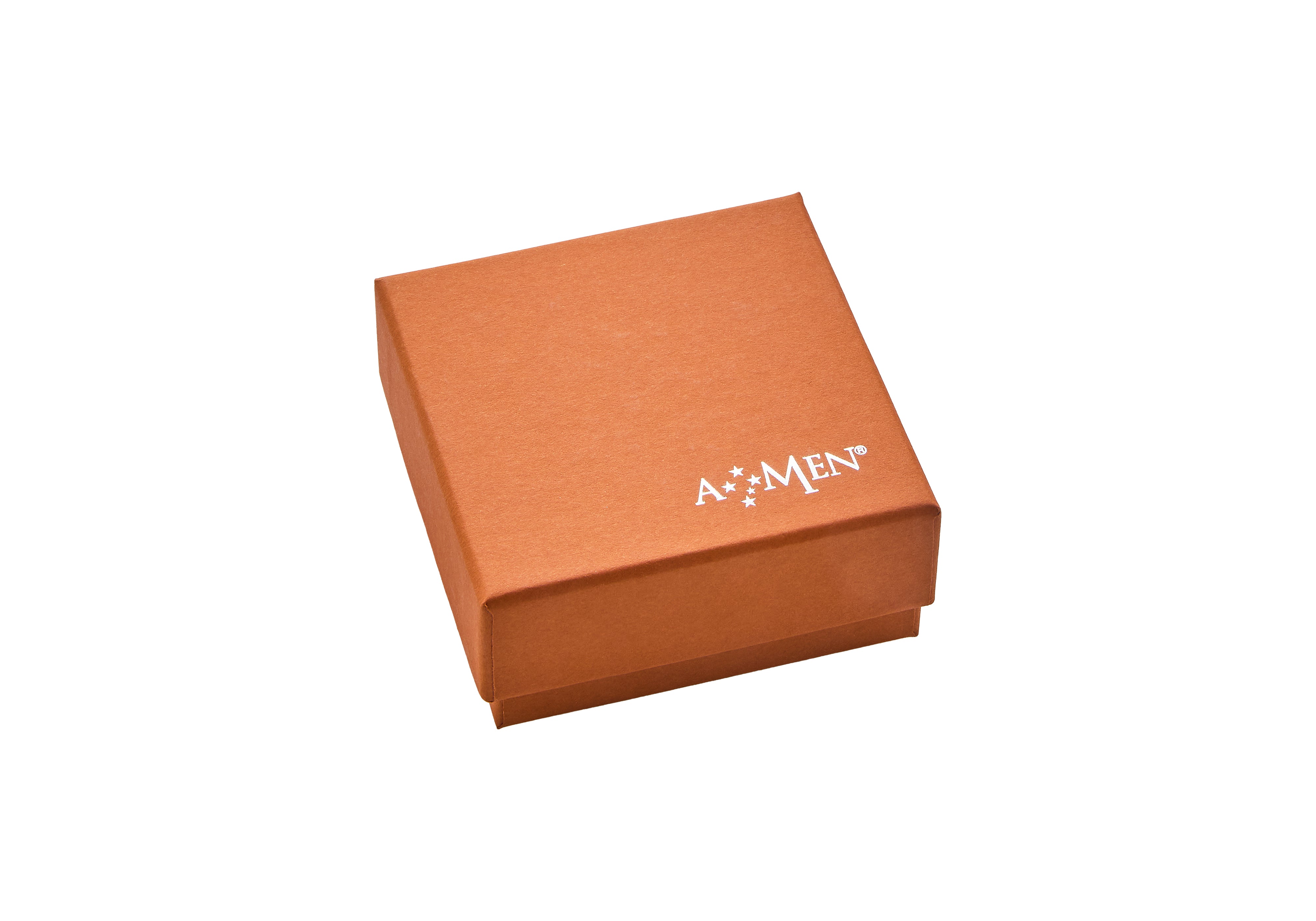 Geschlossene orangefarbene Geschenkbox mit weißem "AMEN" und Sternsymbolen auf dem Deckel, ideal zum Verschenken von Amen Ohrringen - The Red Heart oder anderem 925er Sterlingsilber-Schmuck, vor weißem Hintergrund.
