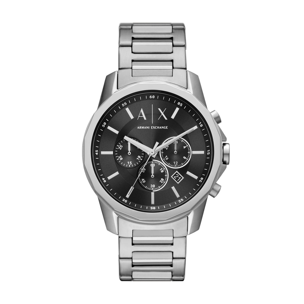 Armani Exchange Armbanduhr mit schwarzem Zifferblatt, silbernen Indizes, Multifunktionswerk, silbernem Gehäuse und silbernem Gliederband; Produktbild