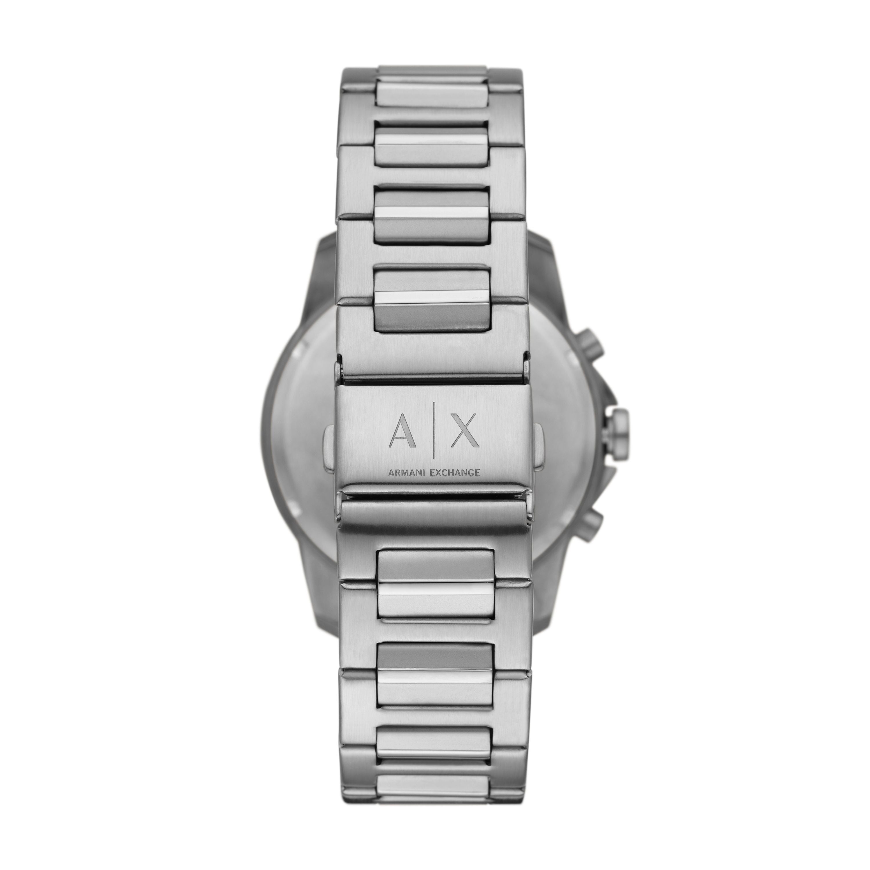 Armani Exchange Armbanduhr mit schwarzem Zifferblatt, silbernen Indizes, Multifunktionswerk, silbernem Gehäuse und silbernem Gliederband; Rückansicht