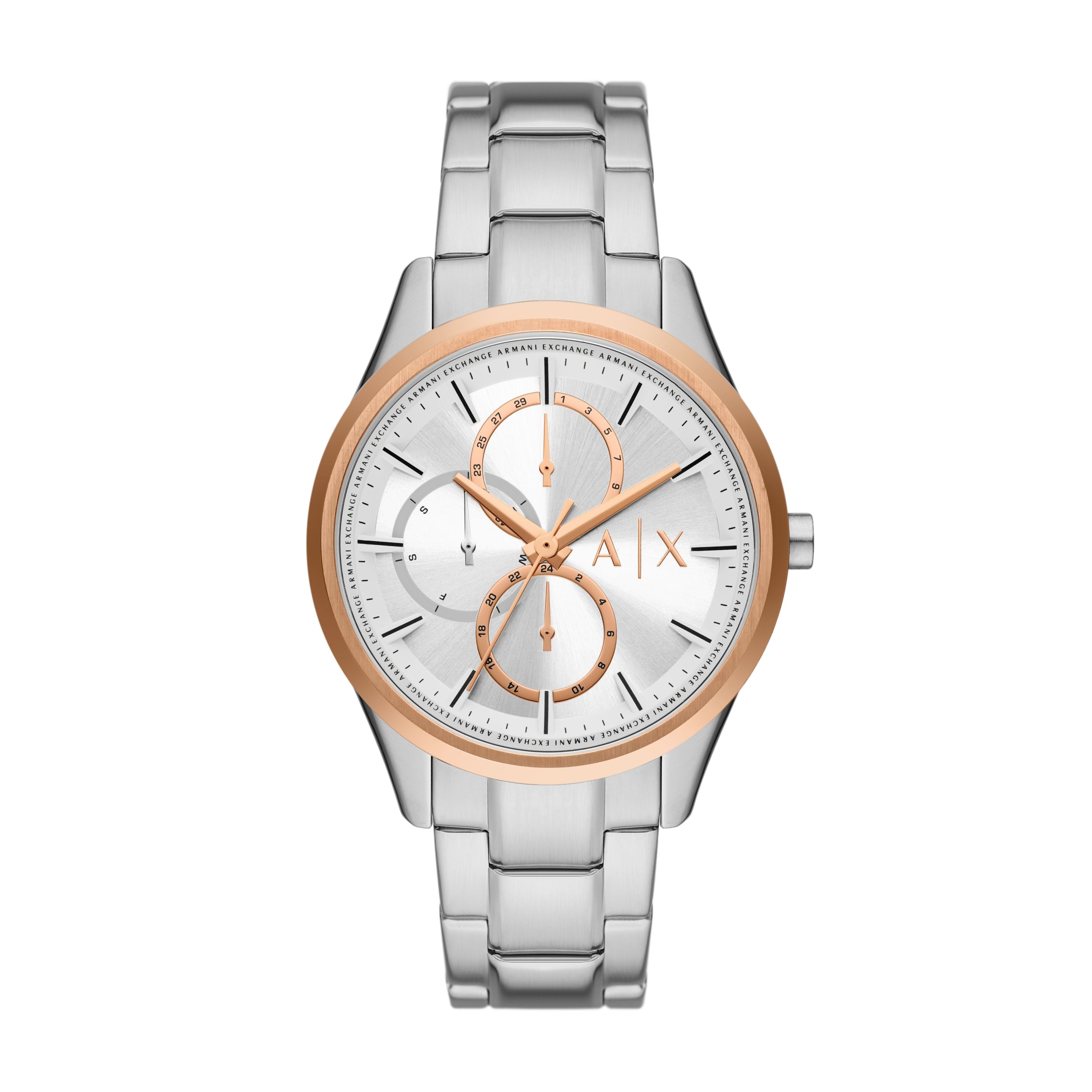 Armani Exchange Armbanduhr mit silbernem Zifferblatt mit roségoldenen Akzenten, Multifunktionswerk, silbernem Gehäuse mit roségoldenem Topring und silbernem Gliederband; Produktbild