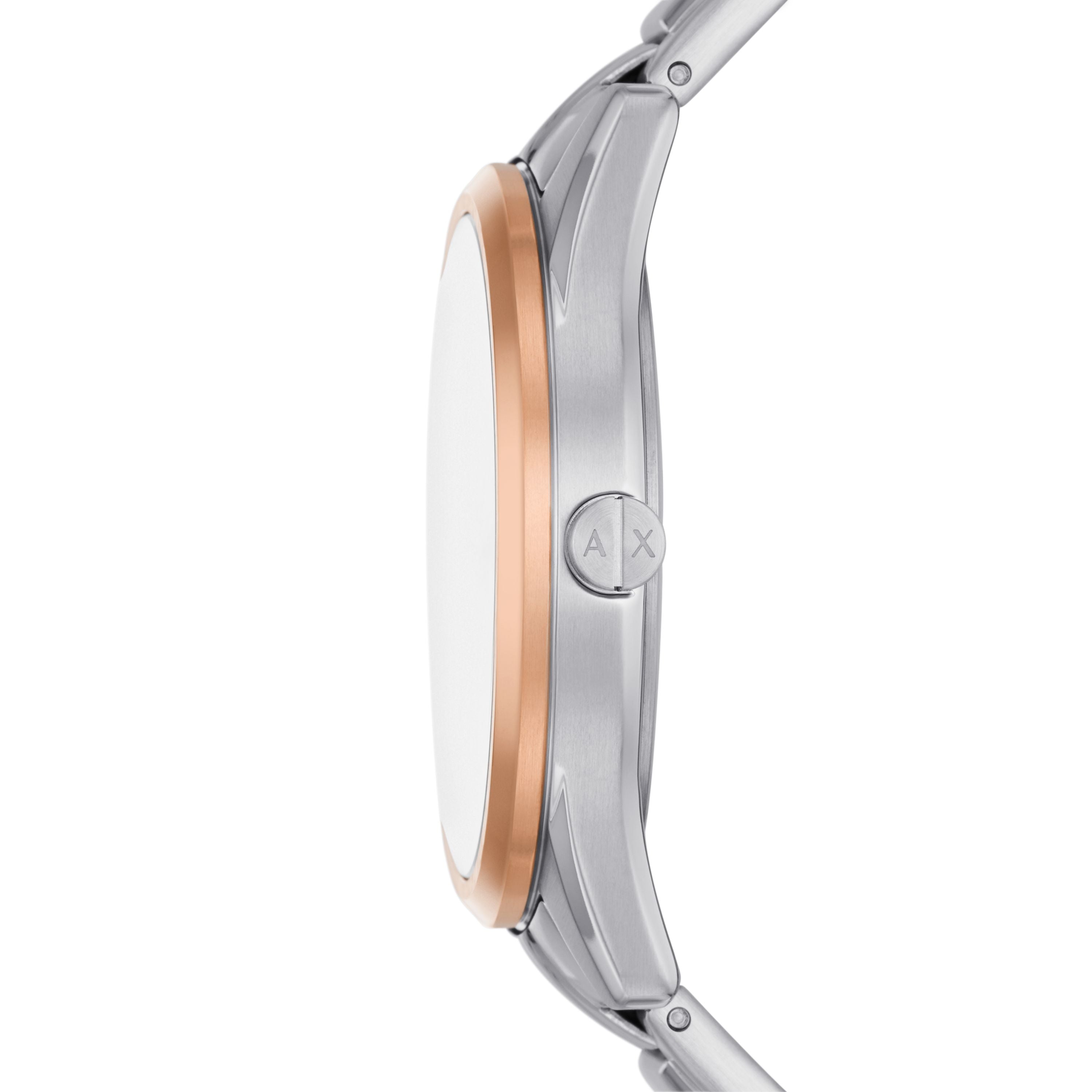 Armani Exchange Armbanduhr mit silbernem Zifferblatt mit roségoldenen Akzenten, Multifunktionswerk, silbernem Gehäuse mit roségoldenem Topring und silbernem Gliederband; Seitenansicht