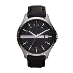Armani Exchange Armbanduhr mit schwarzem Zifferblatt mit silbernen Verzierungen, Datumanzeige, silbernem Gehäuse und schwarzem Lederband; Produktbild