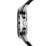 Armani Exchange Armbanduhr mit schwarzem Zifferblatt mit silbernen Verzierungen, Datumanzeige, silbernem Gehäuse und schwarzem Lederband; Seitenansicht