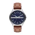 Armani Exchange Armbanduhr - The Brown Leather: Elegante Uhr mit braunem Lederarmband, blauem Zifferblatt, silbernem Gehäuse und Datumsanzeige bei 3 Uhr.