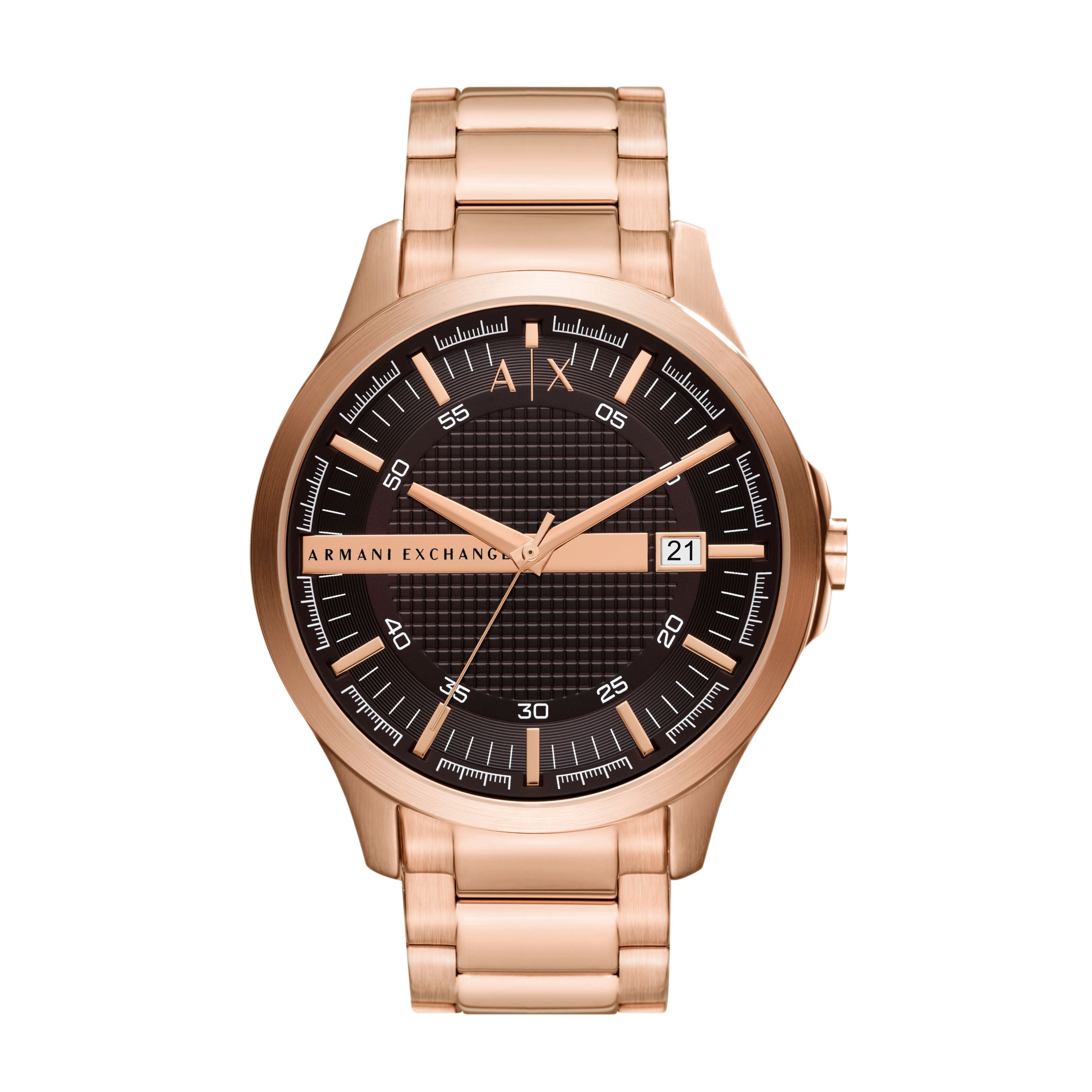 Armani Exchange Armbanduhr mit schwarzem Zifferblatt mit roségoldenen Indizes und Datumanzeige, roségoldenem Gehäuse und roségoldenem Gliederband; Produktbild