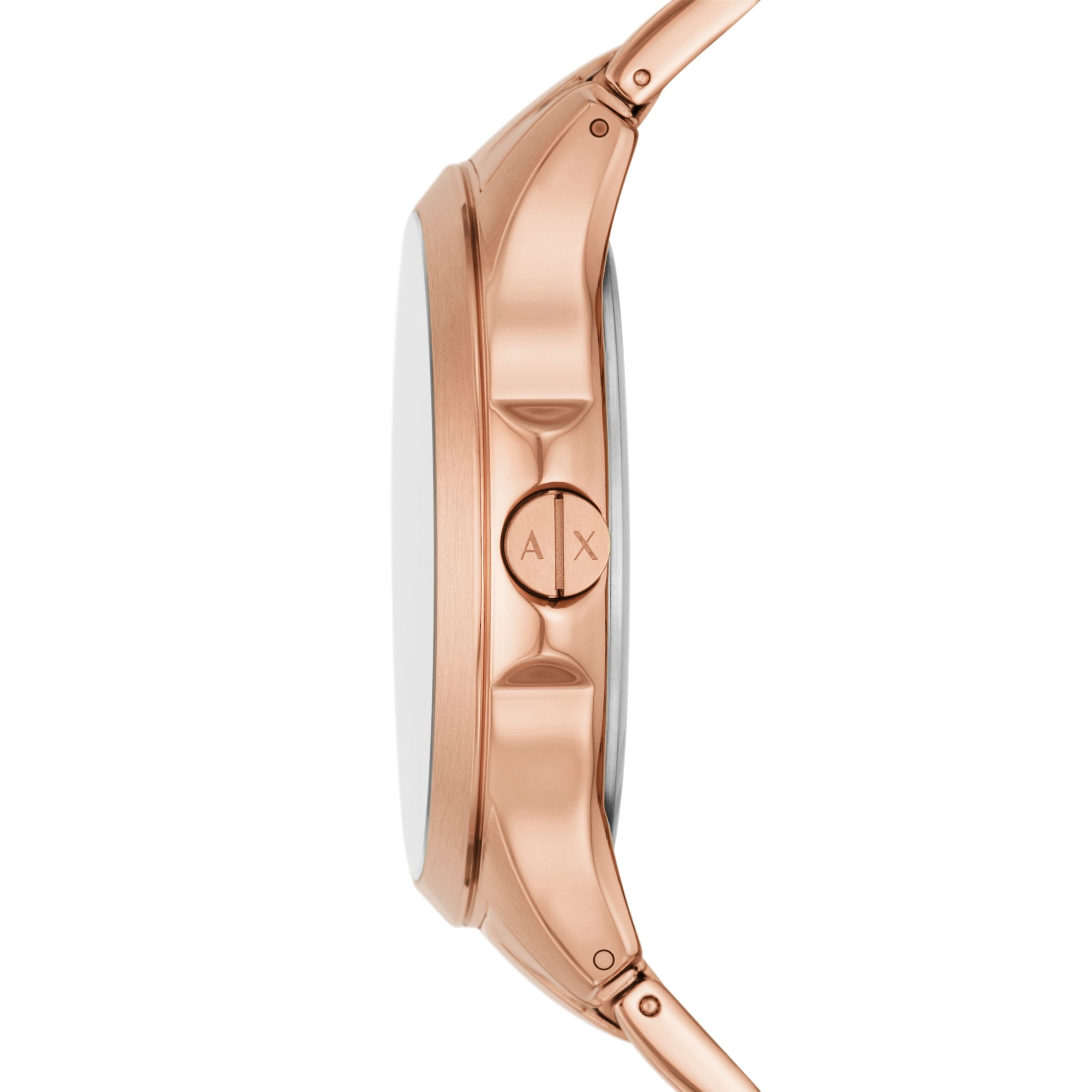 Armani Exchange Armbanduhr mit schwarzem Zifferblatt mit roségoldenen Indizes und Datumanzeige, roségoldenem Gehäuse und roségoldenem Gliederband; Seitenansicht