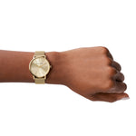 Die Armani Exchange Armbanduhr - The Gold Classic ziert das linke Handgelenk einer Person vor weißem Hintergrund.