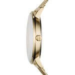 Seitenansicht der Armani Exchange Armbanduhr - The Gold Classic mit einem dünnen Goldgehäuse und einem Metallnetzband von Armani Exchange, das sich vor einem weißen Hintergrund abhebt.