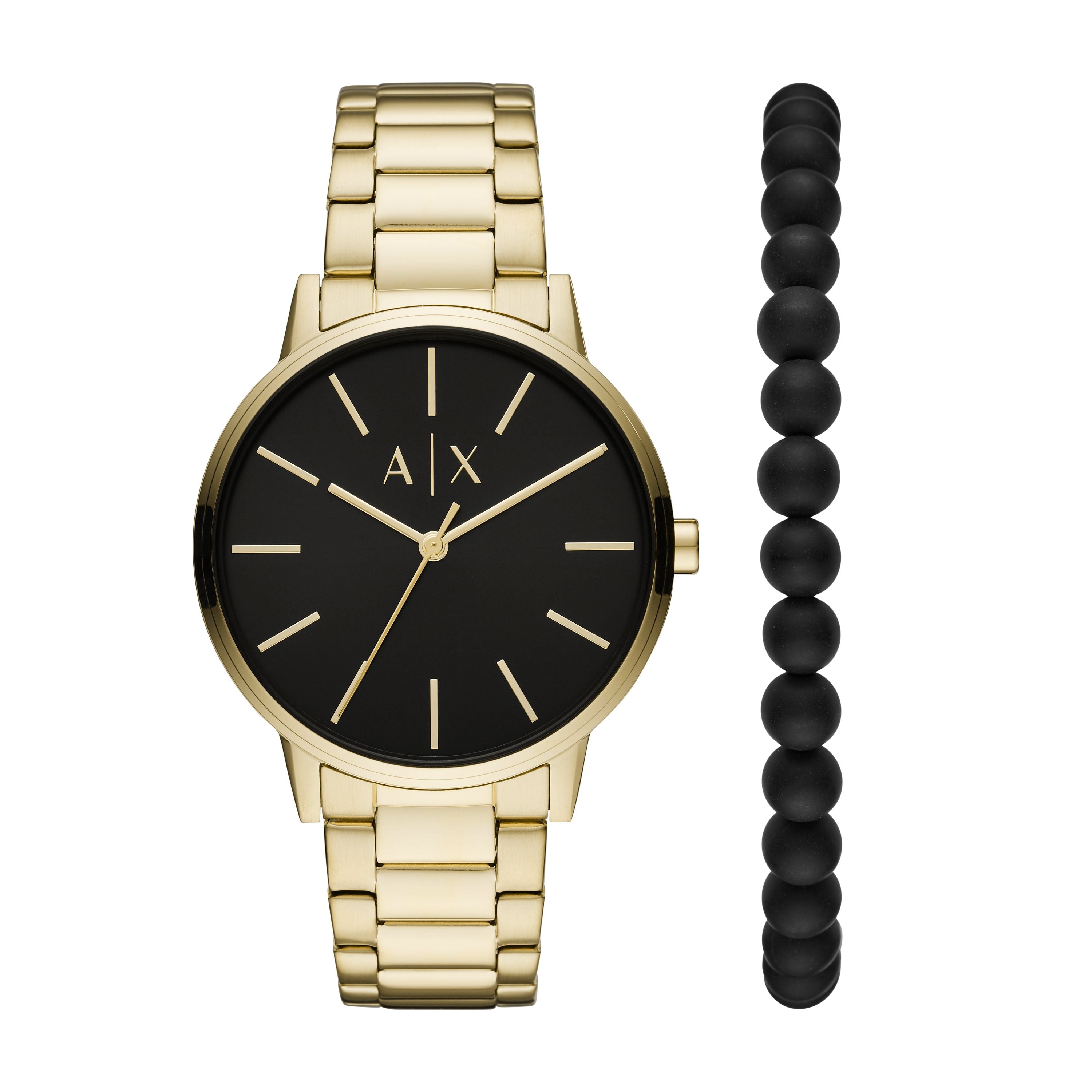 Armani Exchange Armbanduhr mit schwarzem Zifferblatt mit goldenen Indizes, goldenem Gehäuse und goldenem Gliederband; Produktbild