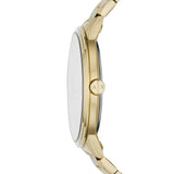 Armani Exchange Armbanduhr mit schwarzem Zifferblatt mit goldenen Indizes, goldenem Gehäuse und goldenem Gliederband; Seitenansicht