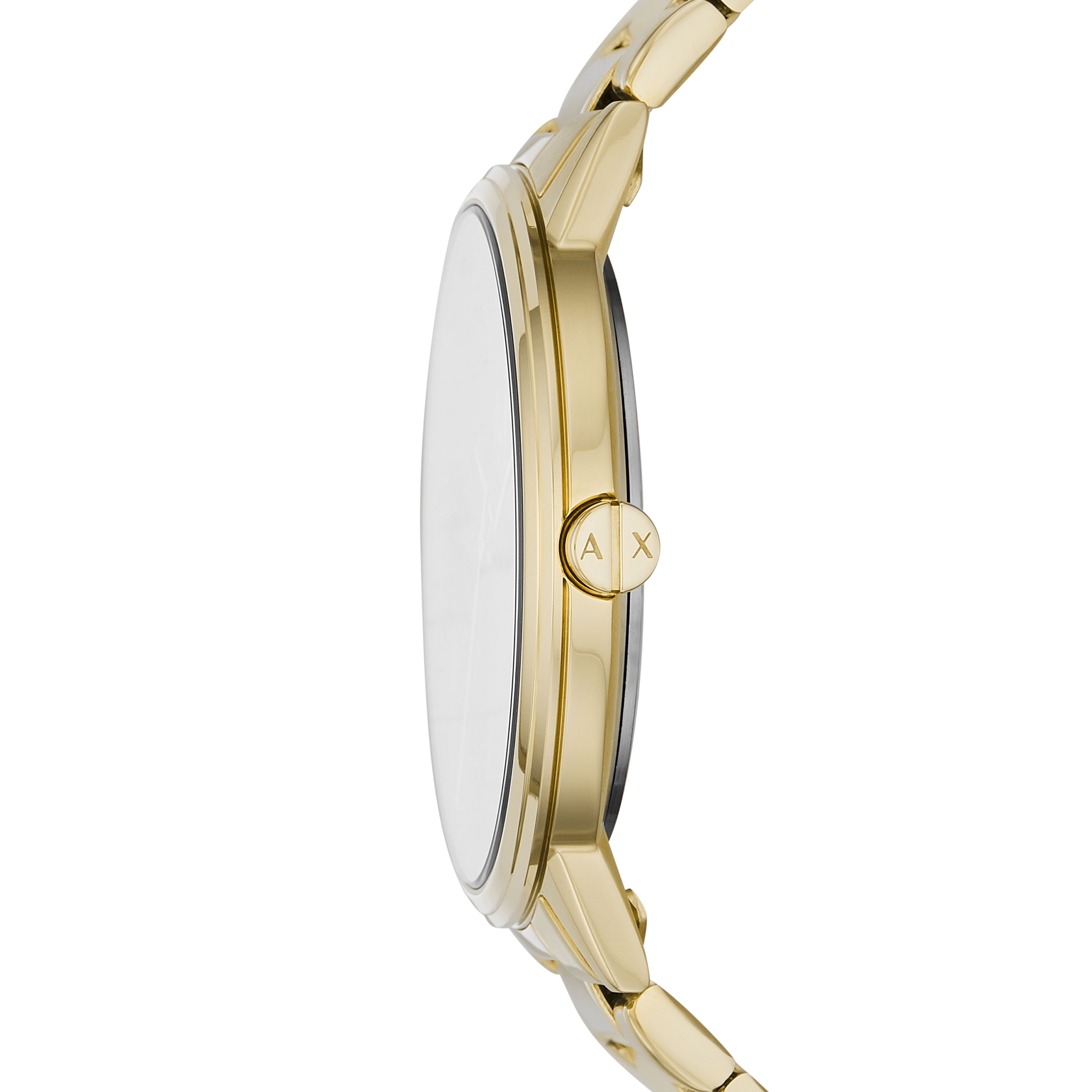 Armani Exchange Armbanduhr mit schwarzem Zifferblatt mit goldenen Indizes, goldenem Gehäuse und goldenem Gliederband; Seitenansicht