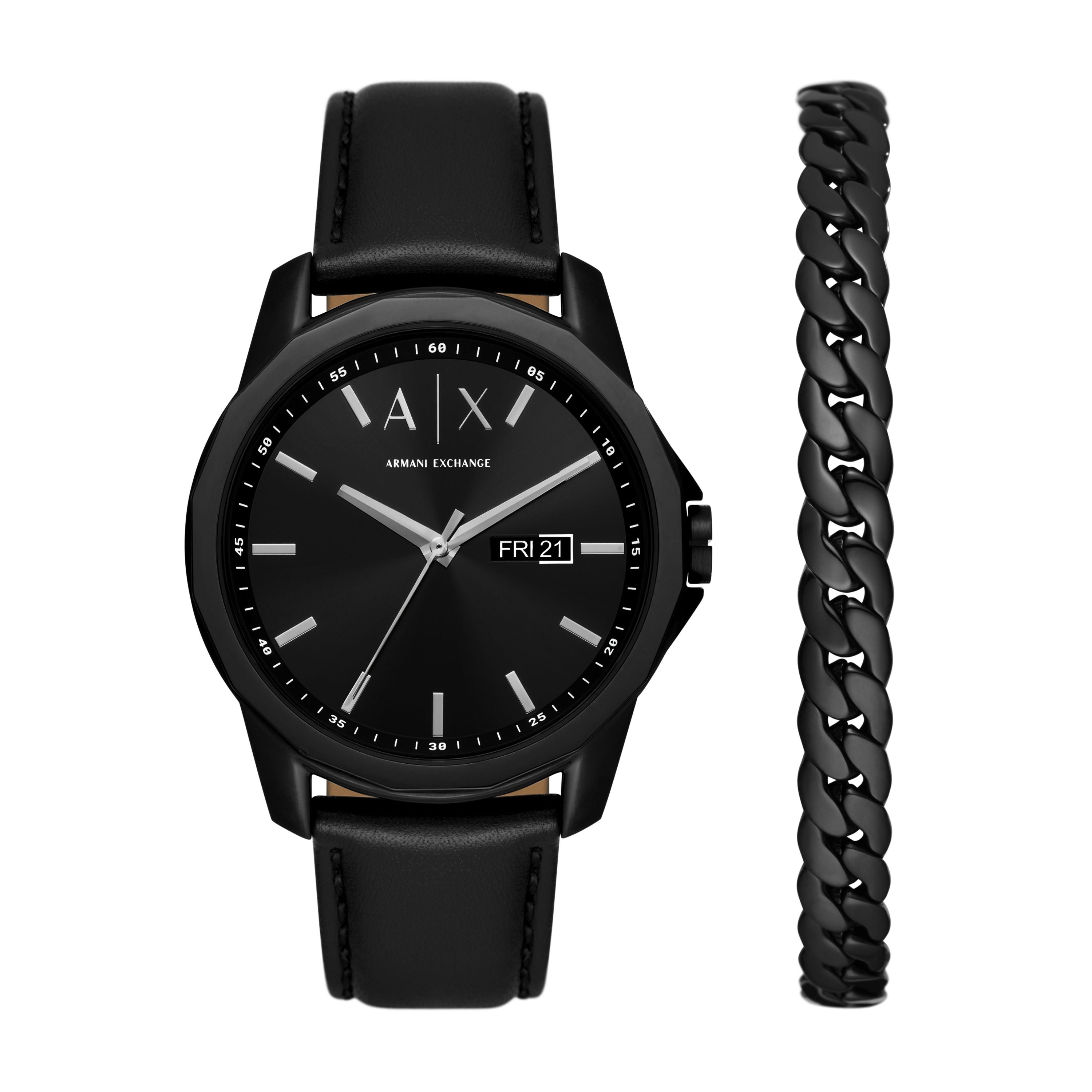 Armani Exchange Set bestehend aus einer Uhr mit schwarzem Zifferblatt mit silbernen Indizes, schwarzem Gehäuse und schwarzem Lederband; und einem Armband bestehend aus einer schwarzen Gliederkette; Produktbild