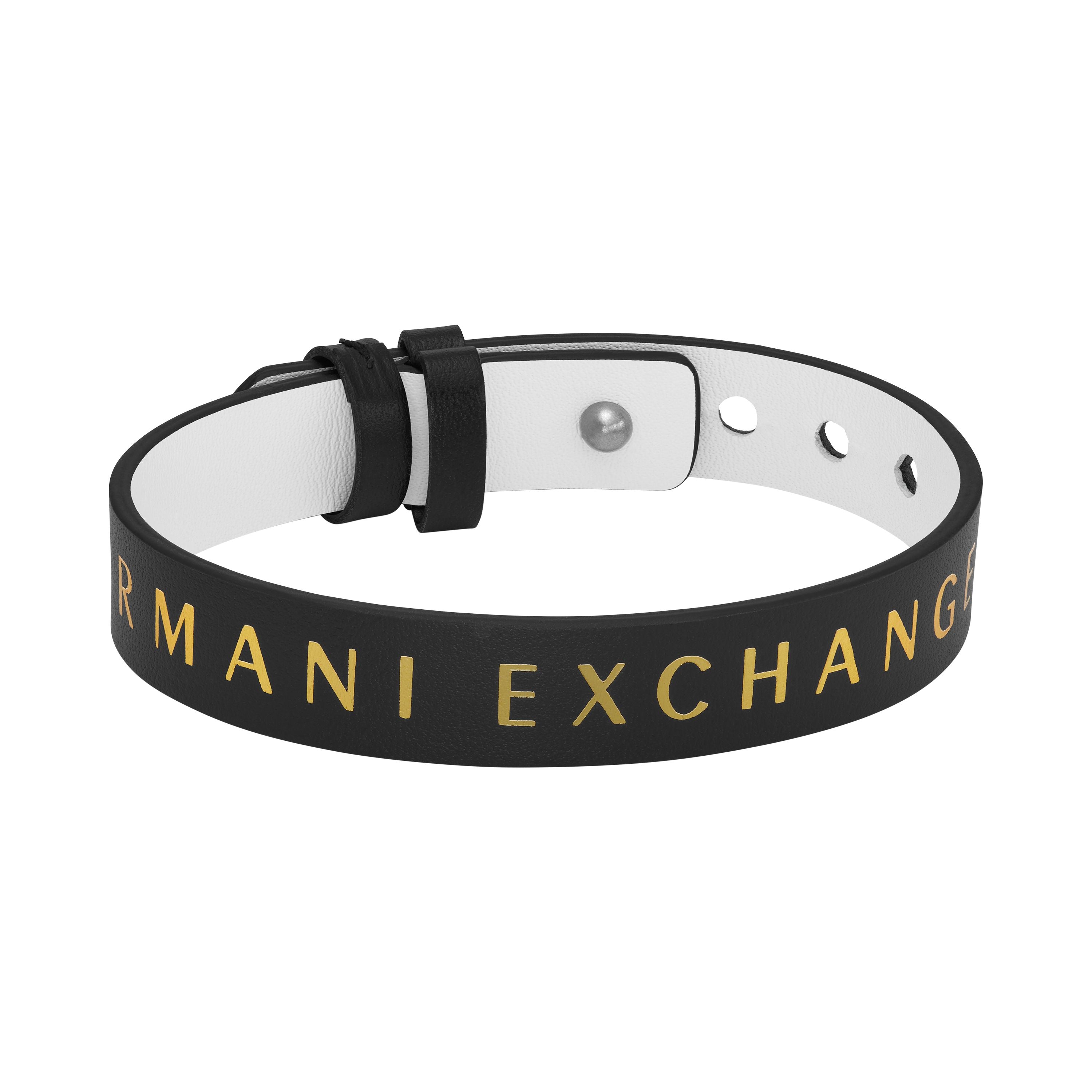 Armani Exchange Armband bestehend aus einem schwarzen Lederband mit goldenem Logo-Schriftzug; Produktbild