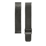 Zwei schwarze Mesh-Uhrenarmbänder, darunter das LIEBESKIND BERLIN Uhrenband - Easy Change von Liebeskind Berlin mit Schließe, sind vertikal auf weißem Hintergrund zu sehen - perfekt, um Ihren Look aufzuwerten.