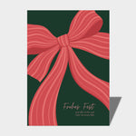 Grußkarte "Frohes Fest" mit roter Schleife auf grünem Untergrund. "Frohes Fest und alles Liebe und Gute im neuen Jahr"
