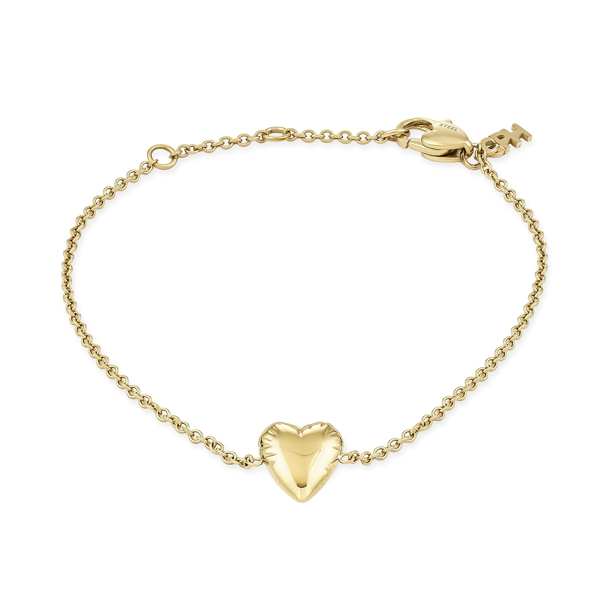 Das COPENHAGEN STUDIOS Armband - Balloon Hearts von Copenhagen Studios ist ein goldenes Kettenarmband mit einem herzförmigen Anhänger in der Mitte und einem kleinen Schlüsselanhänger in der Nähe des Verschlusses, inspiriert von dem ikonischen Balloon Hearts Design.