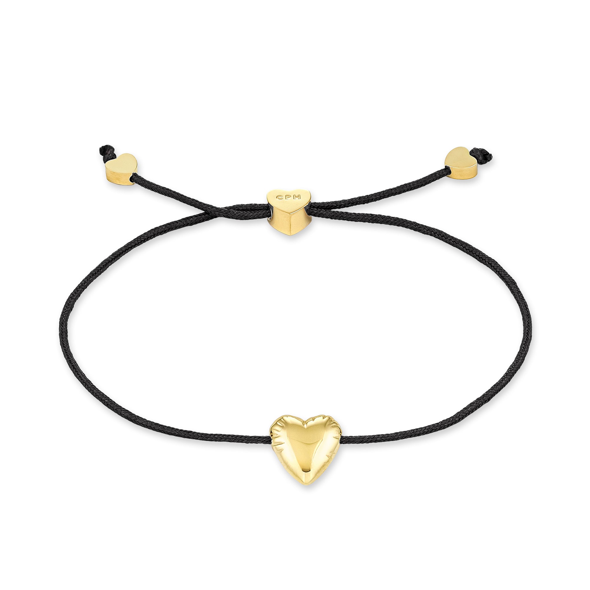 COPENHAGEN STUDIOS Armband - Balloon Hearts ist eine schwarze Kordel mit einem goldenen Herzanhänger und goldenen herzförmigen Akzenten an den verstellbaren Enden von Copenhagen Studios.