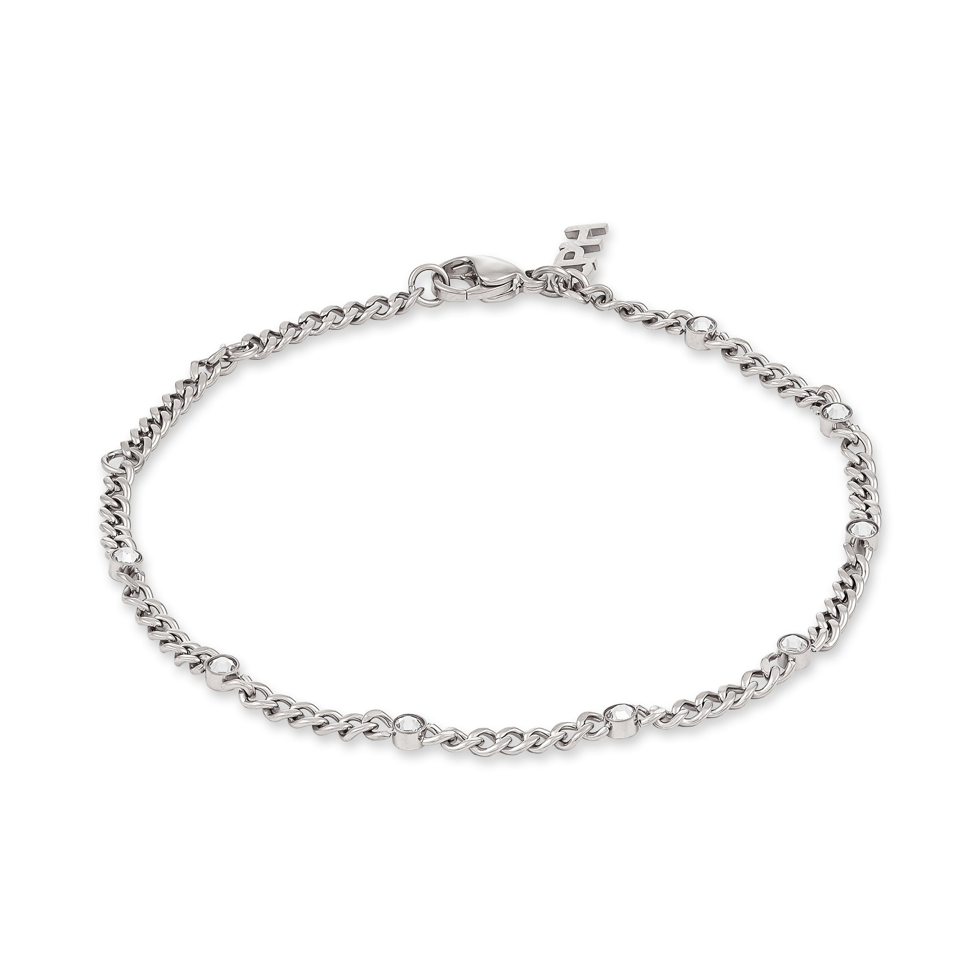 Das COPENHAGEN STUDIOS Armband - Glittery von Copenhagen Studios verfügt über eine zarte silberne Kette mit runden Akzenten und einen Karabinerverschluss, der jedem Outfit subtile Raffinesse verleiht.