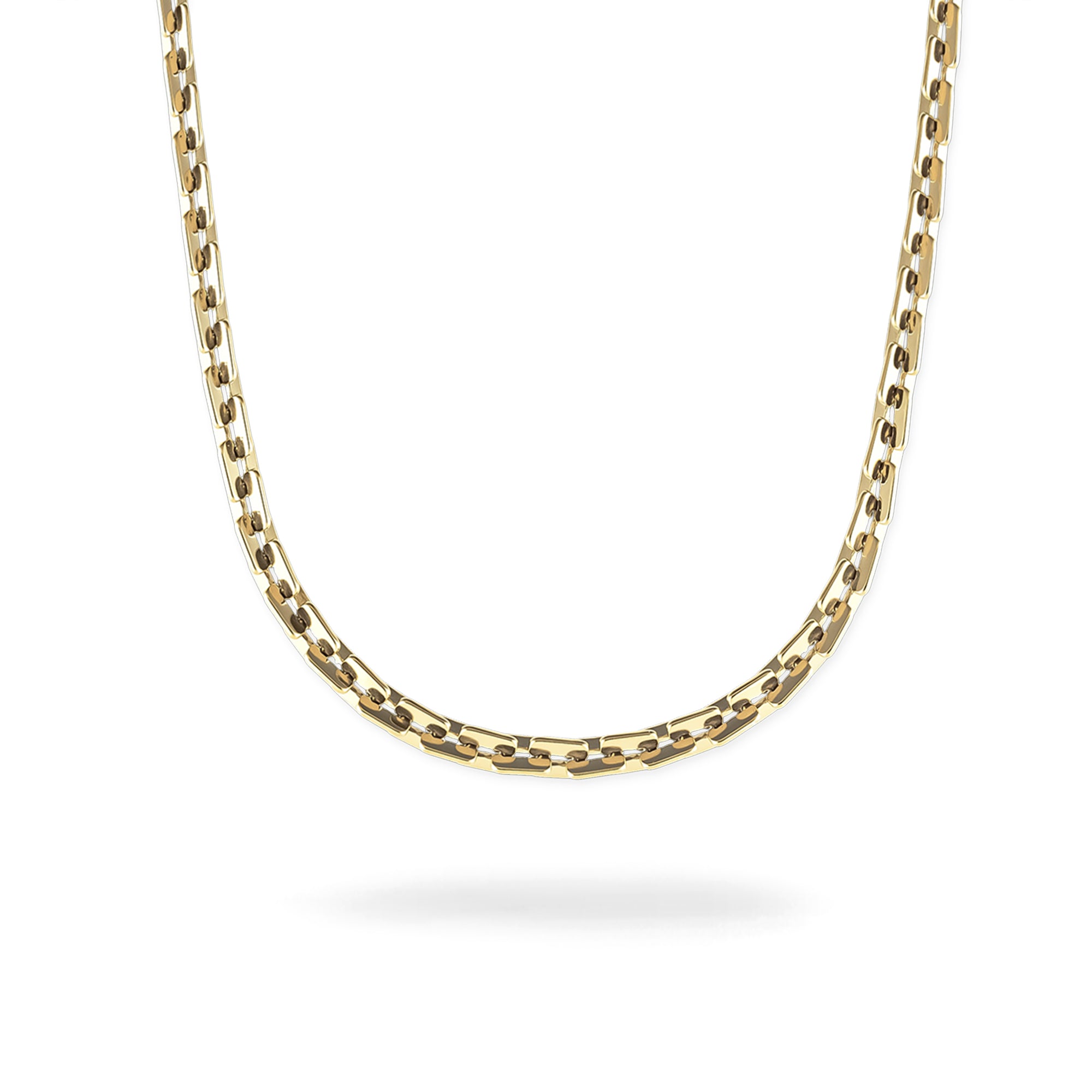 Die COPENHAGEN STUDIOS Halskette - Edgy Necklace von Copenhagen Studios zeichnet sich durch rechteckige Glieder und urbane Ästhetik aus, die vor einem schlichten weißen Hintergrund präsentiert wird.